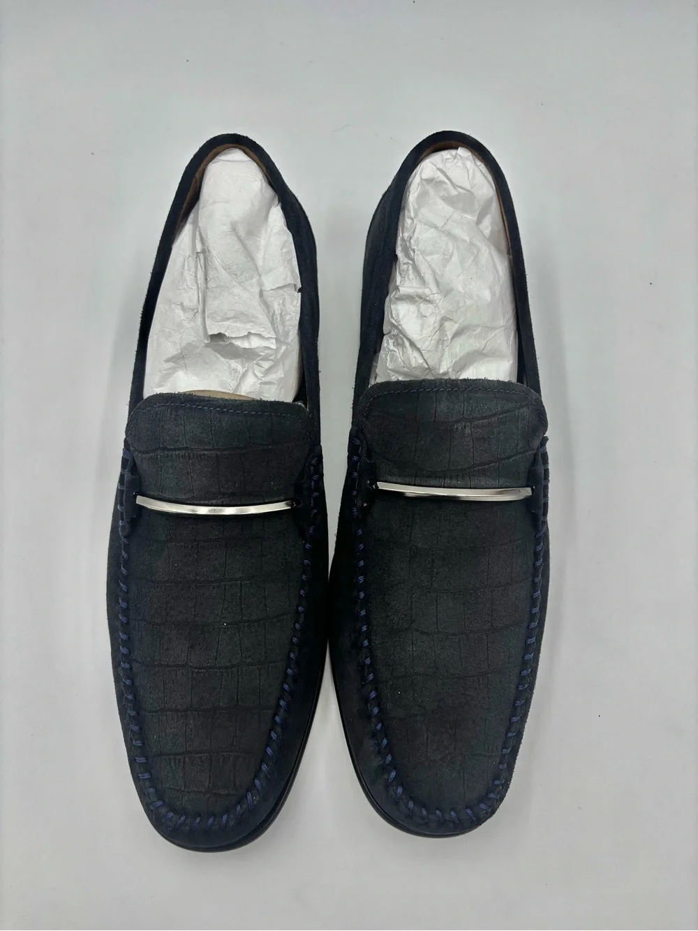 NEVER WORN- Navy Suede with Croc Emboss Bit Loafers- Flag Ltd
